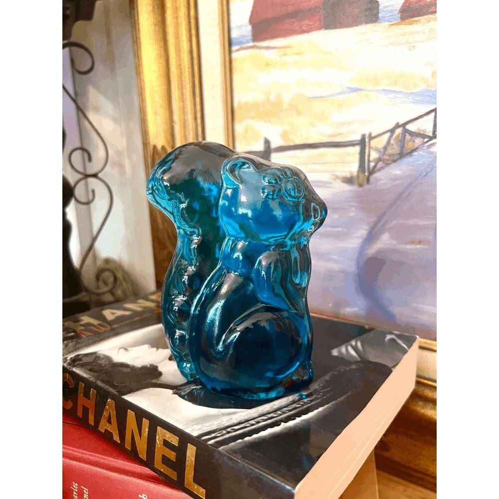 Vintage Viking Glass Bluenique Squirrel Paperweight Bookend UV Reactive
